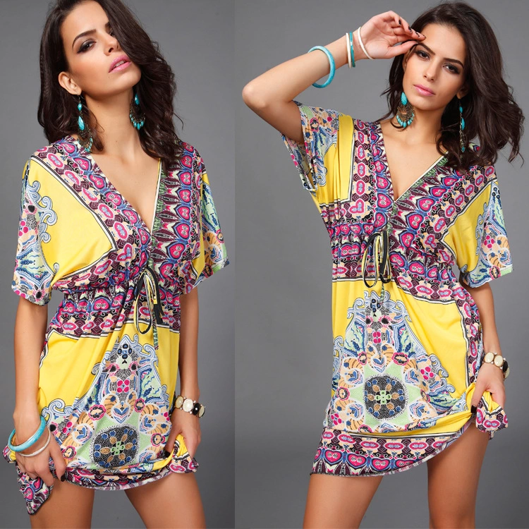 Large size women's v-neck milk silk bohemian print mid-length skirt beach dress hot