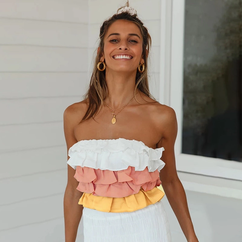 Spring and summer new wind lotus leaf color matching back strap tube top