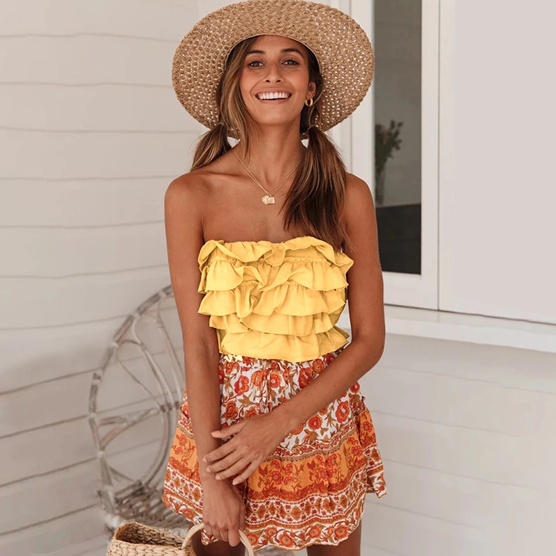 Spring and summer new wind lotus leaf color matching back strap tube top