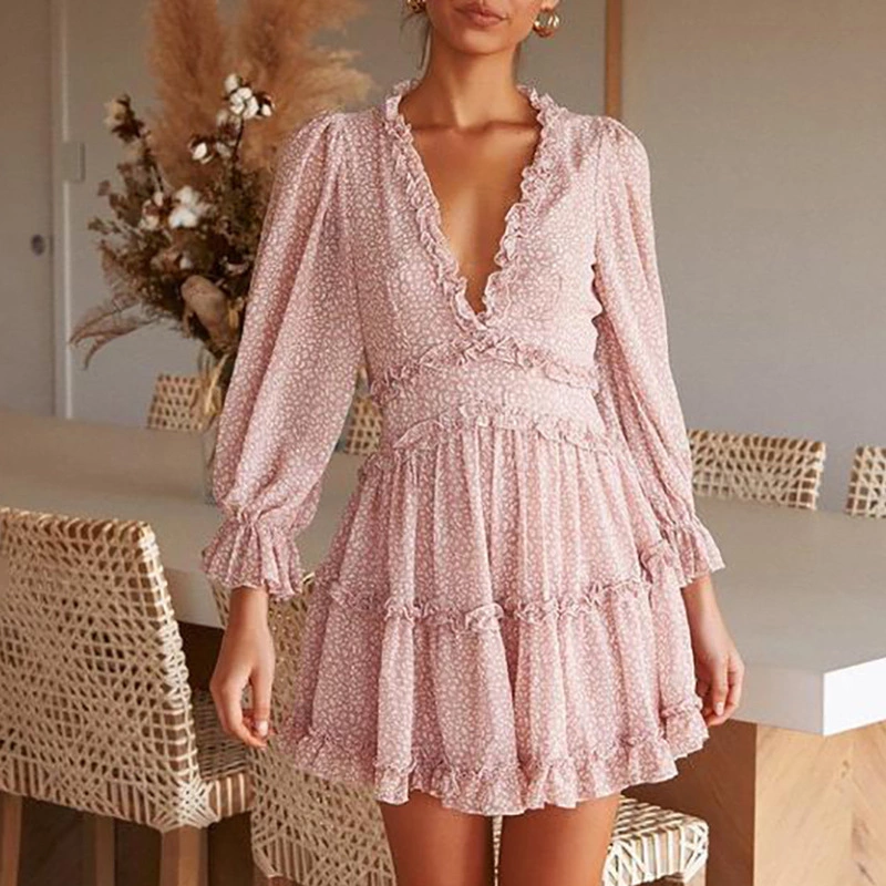 Fashionable short dress women's new lotus leaf V-neck floral cake skirt lantern sleeves hot sale