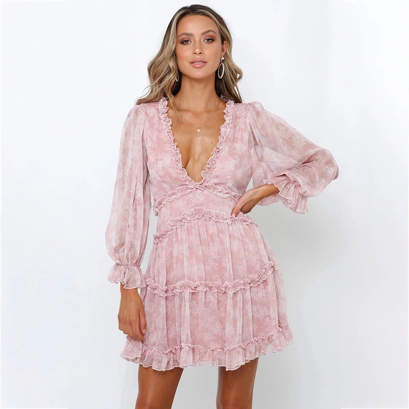 Fashionable short dress women's new lotus leaf V-neck floral cake skirt lantern sleeves hot sale