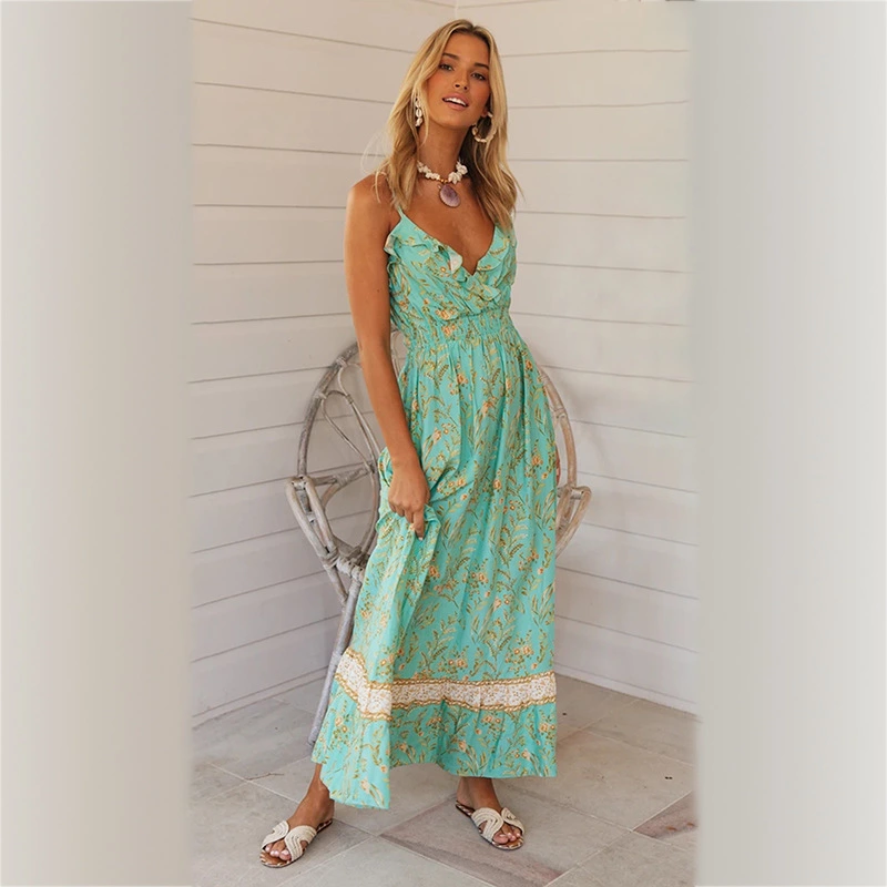 Spring and summer new bohemian print ruffled big swing type V-neck strap dress