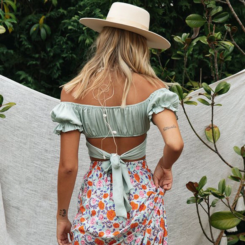 Spring and summer new style wind lantern short-sleeved square V-neck exposed navel back straps pleated solid color short coat