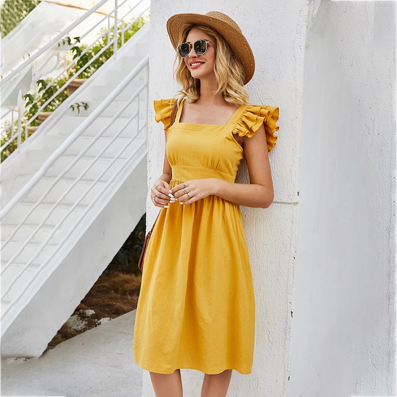 Hot spring and summer new sleeveless stitching ruffled sleeve square collar solid color halter lace dress
