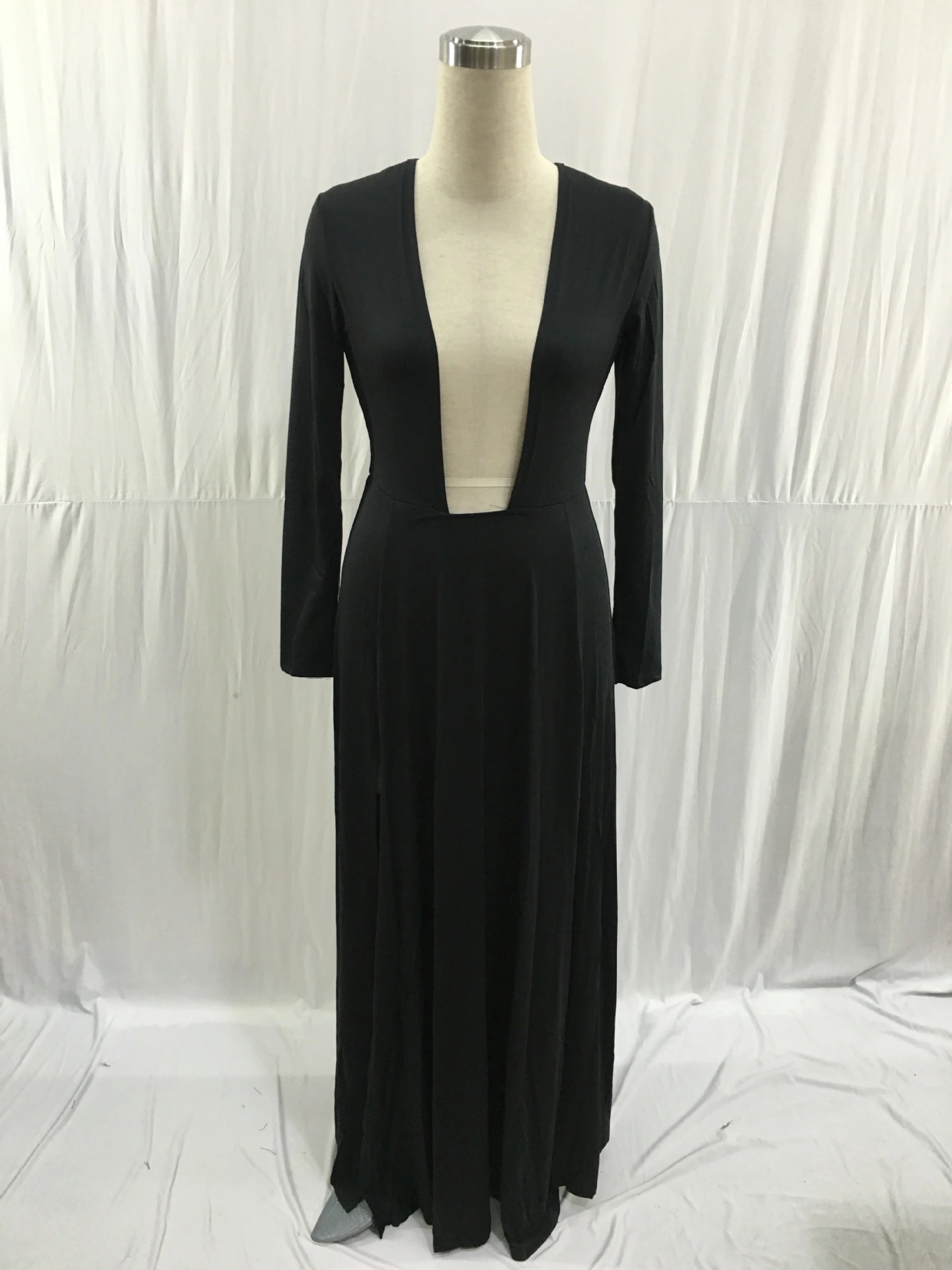 Autumn plus size female evening dress new solid color long-sleeved V-neck sexy dress 2580