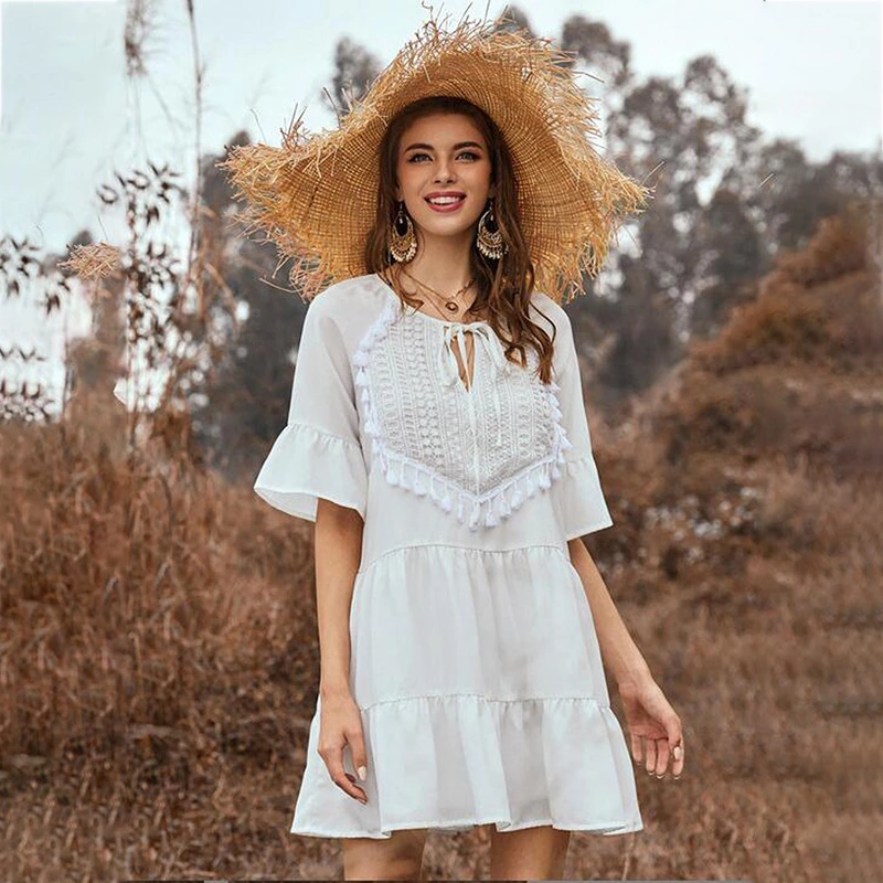 Spring and summer new solid color stitching ruffle fringed neckline lace trumpet sleeve dress