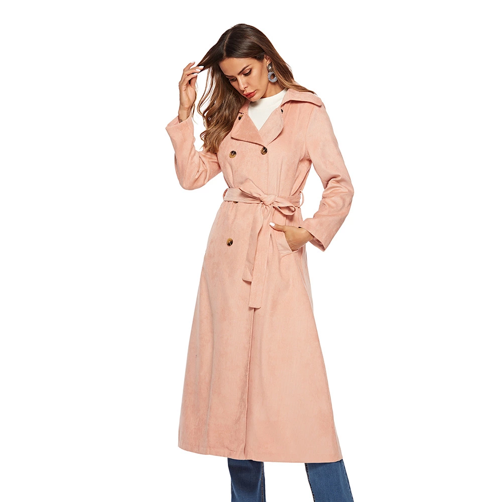 New Pink Corduroy Trench Coat Lace Lapel Button Long Sleeve Women