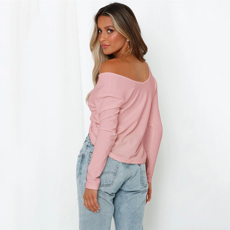 Autumn and winter new solid color striped off-shoulder V-neck exposed navel short long-sleeved sexy sweater