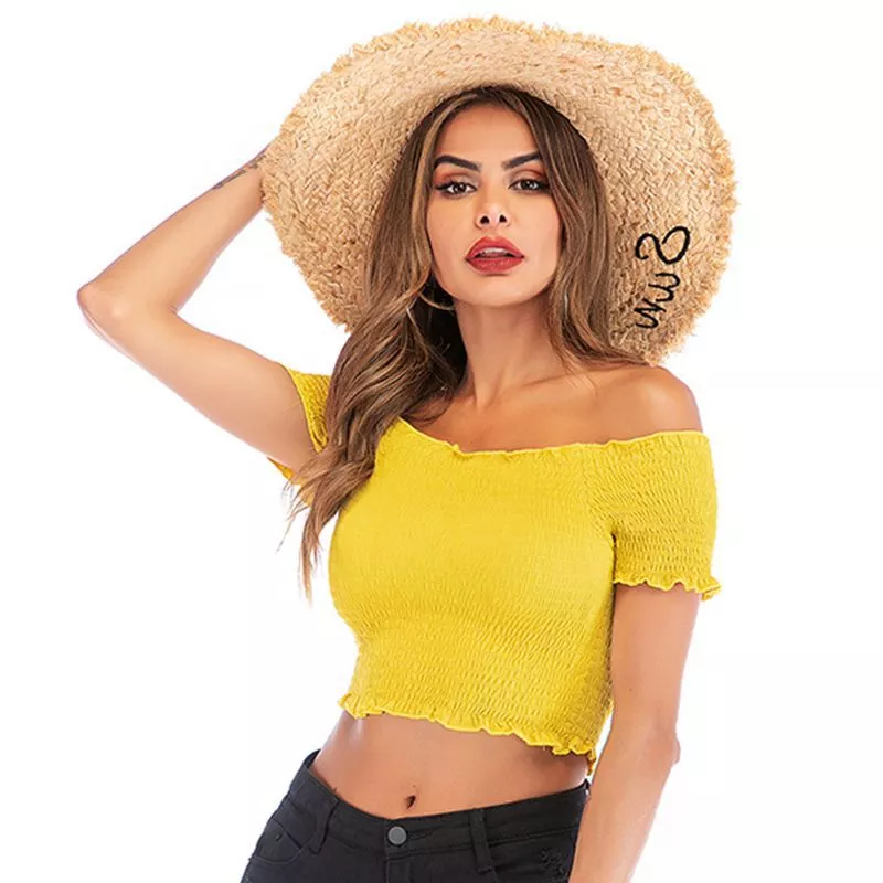 Summer new women's fashion fungus earrings T-shirt top word collar exposed navel short sleeves