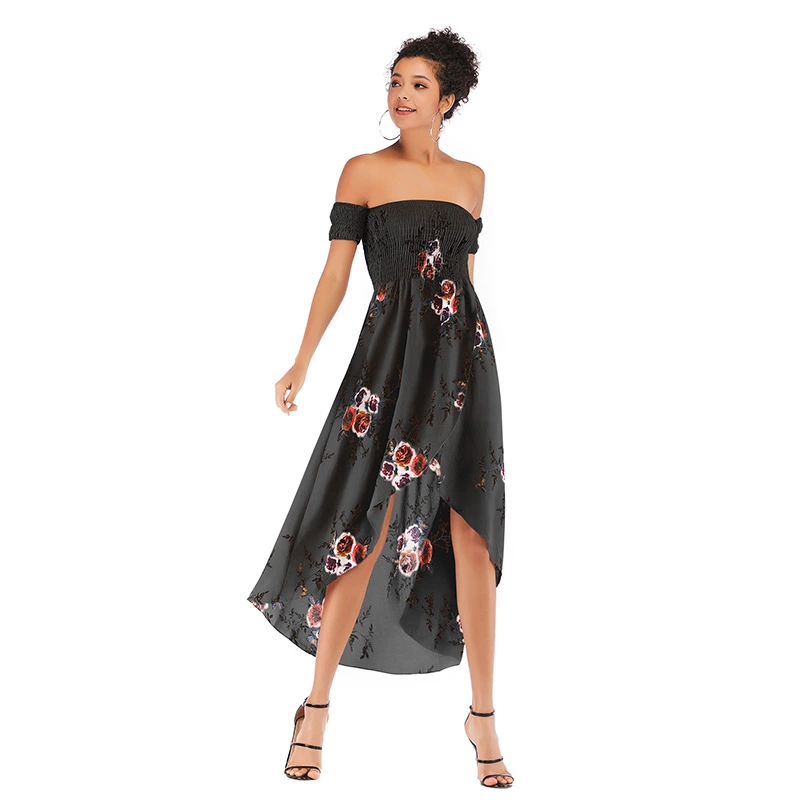 Sexy strapless word-collar floral dress spring and summer mid-length chiffon dress women
