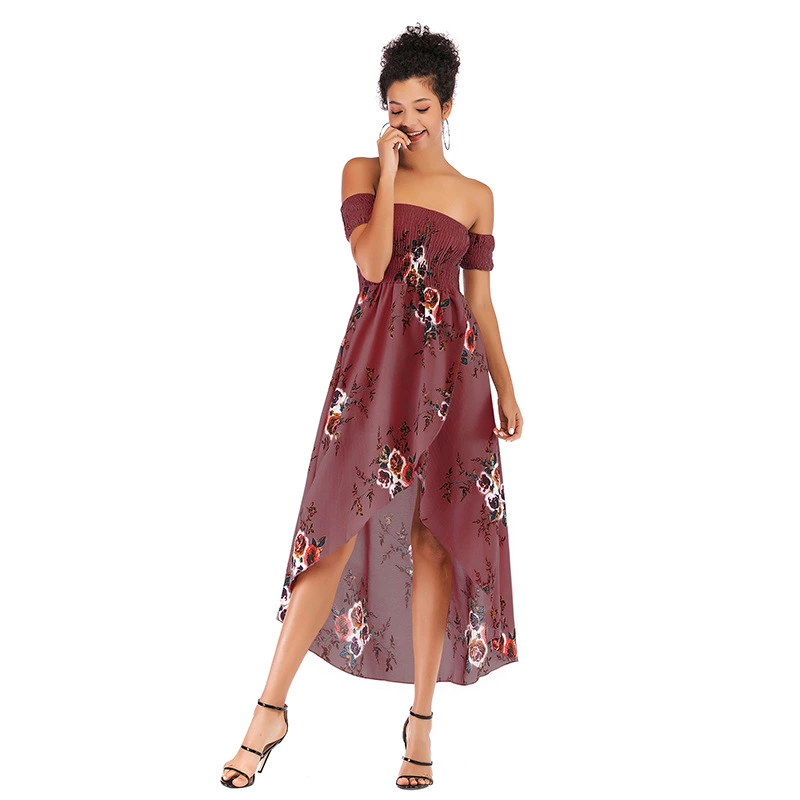 Sexy strapless word-collar floral dress spring and summer mid-length chiffon dress women