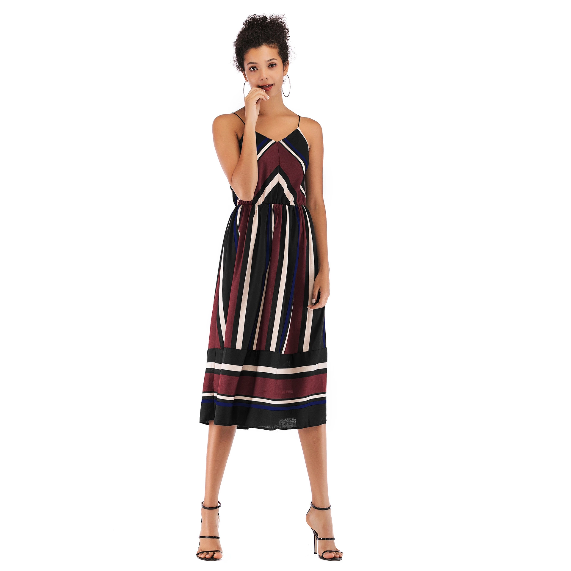 Spring and summer dress women's mid-length V-neck stripe color matching strap chiffon skirt