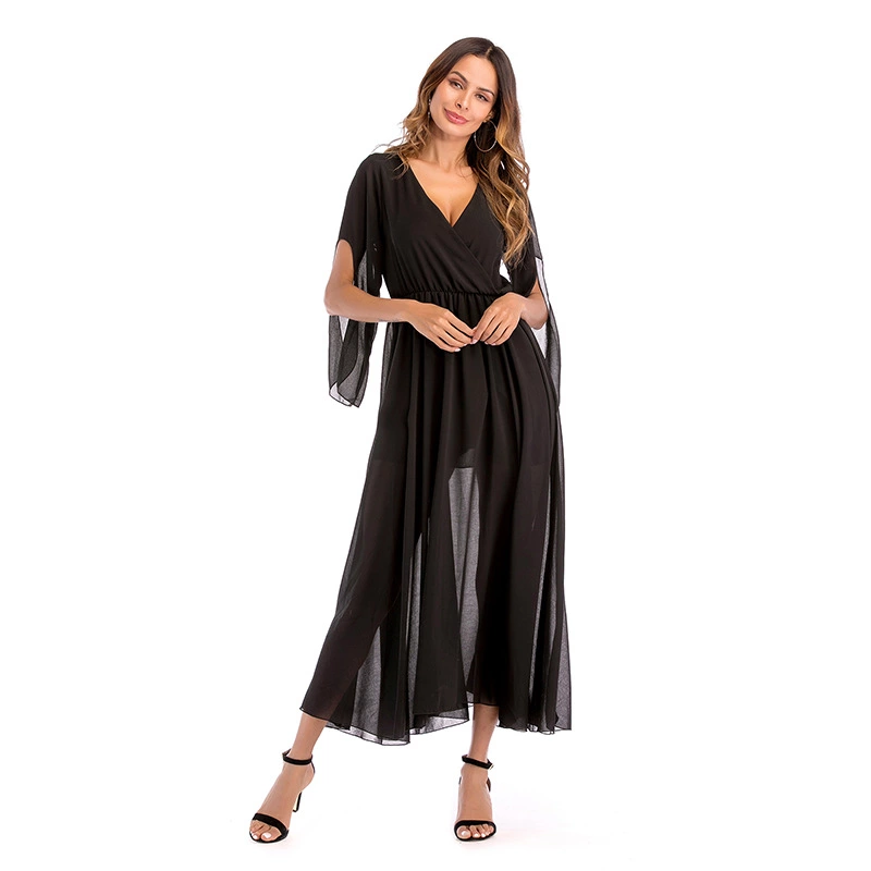 Women's spring new sexy deep V-neck solid color chiffon dress big swing skirt long skirt
