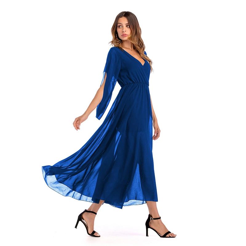 Women's spring new sexy deep V-neck solid color chiffon dress big swing skirt long skirt