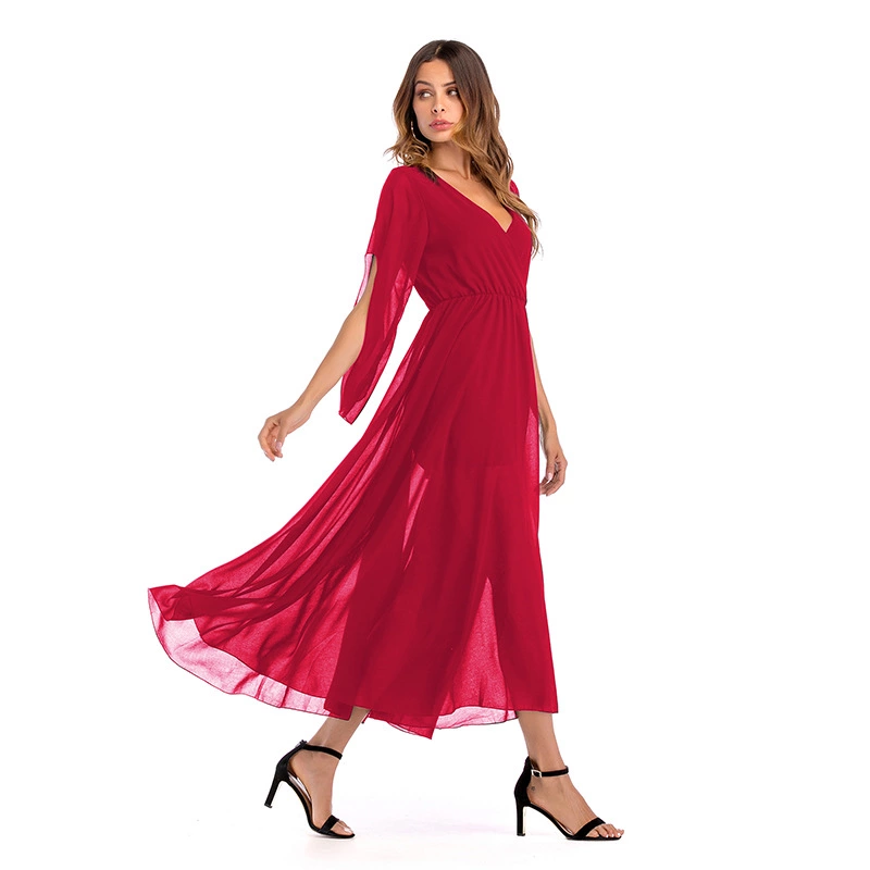 Women's spring new sexy deep V-neck solid color chiffon dress big swing skirt long skirt