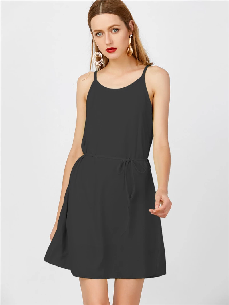 Solid color round neck suspender skirt summer women's new chiffon dress
