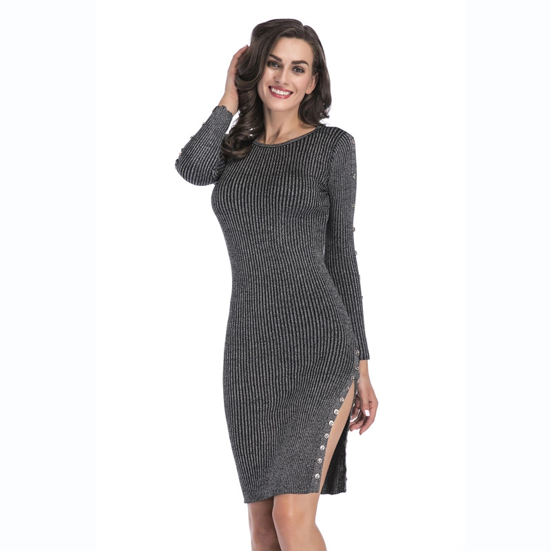 Spring dress new split button decorative knit dress tight-fitting mid-length bag hip skirt female