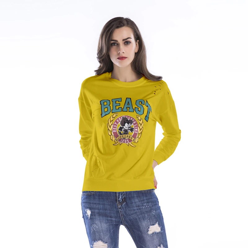Sweater women's new round neck hole print casual loose large size women's shirt