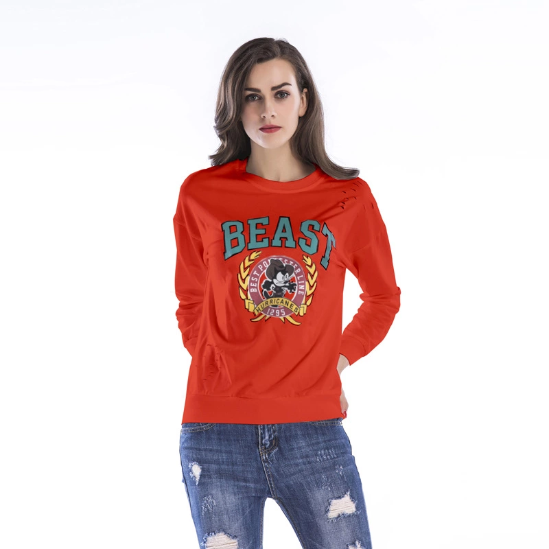 Sweater women's new round neck hole print casual loose large size women's shirt
