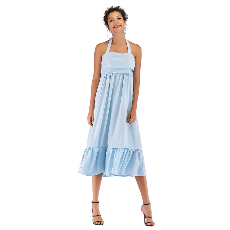 Women's solid color hanging neck ruffled skirt fashion temperament halter mid-length dress