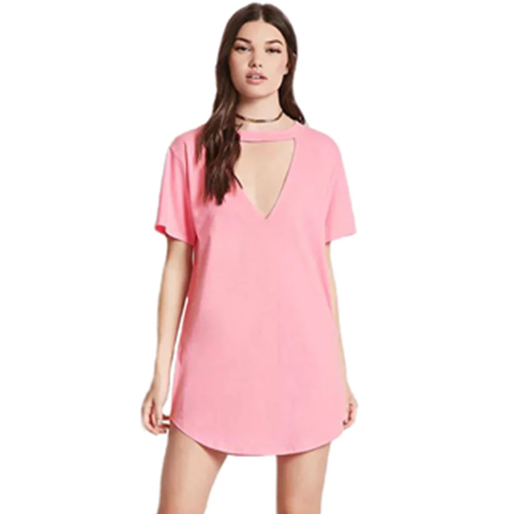 Women's new short-sleeved solid color T-shirt dress female summer stitching V-neck loose top