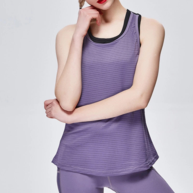 New fake two-piece sports vest female hollow fitness clothes running breathable sportswear solid color bra wave point sleeveless