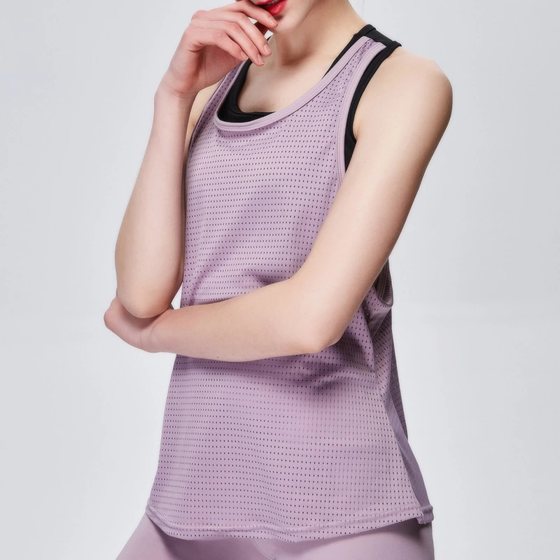New fake two-piece sports vest female hollow fitness clothes running breathable sportswear solid color bra wave point sleeveless