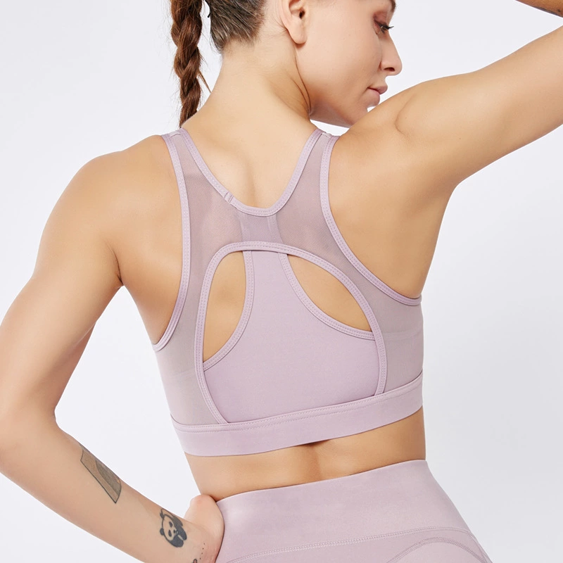 Mesh splicing sports bra type double-sided nylon running fitness beautiful back shockproof yoga bra