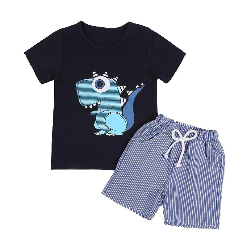 Boys summer new printed cartoon dinosaur short sleeve striped shorts boys suit