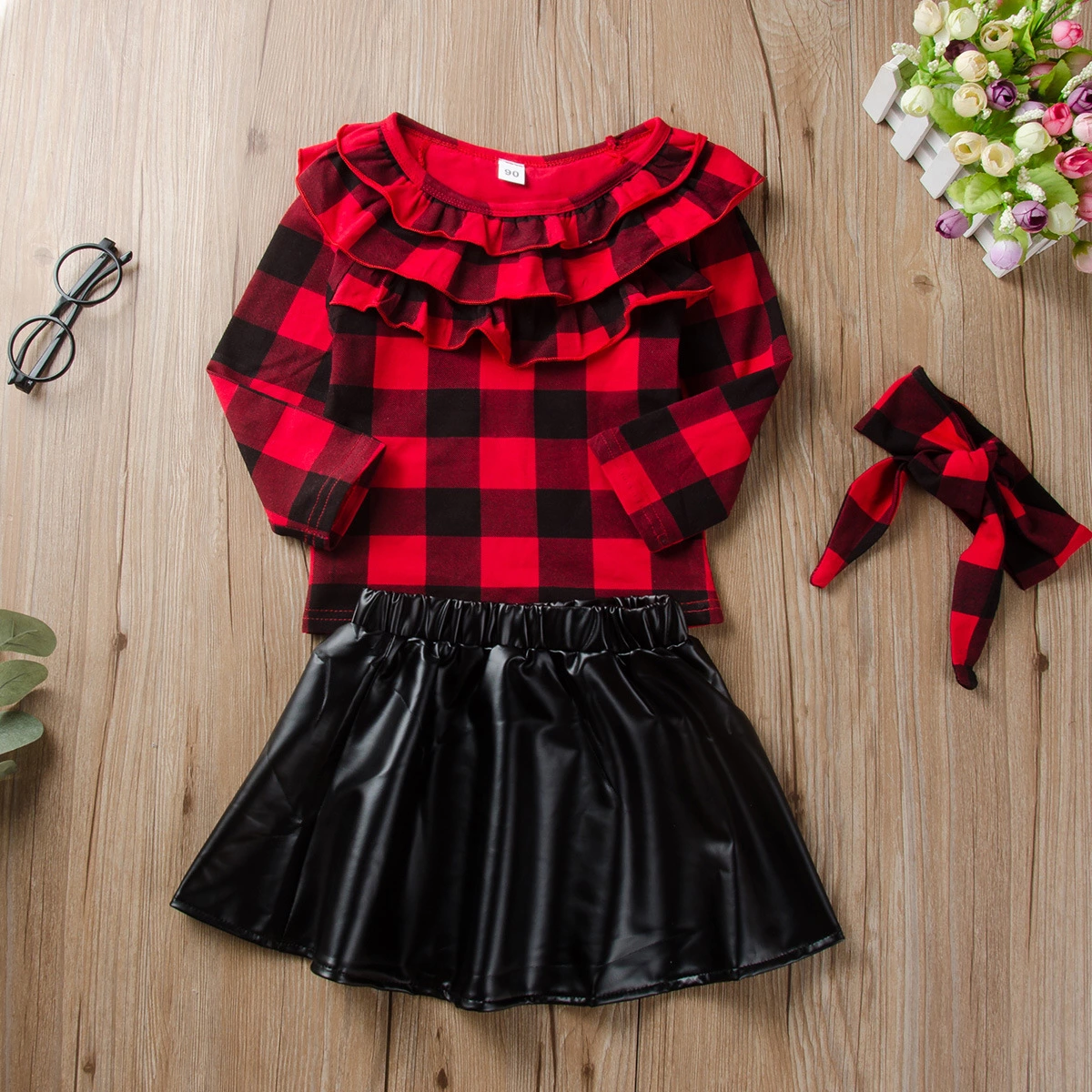 Autumn girl round neck long-sleeved lace plaid shirt A word black leather skirt short skirt suit hair accessories three-piece suit