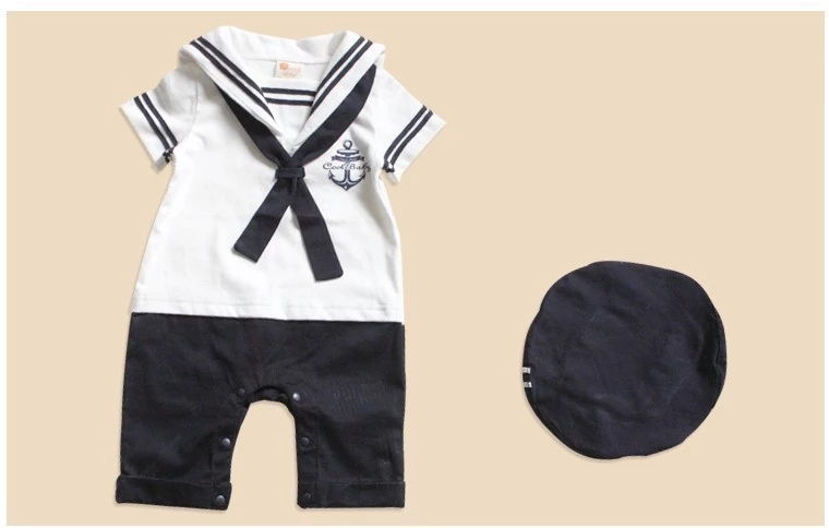 Summer boy pure cotton navy short-sleeved one-piece robe hat baby sailor suit baby children's clothing