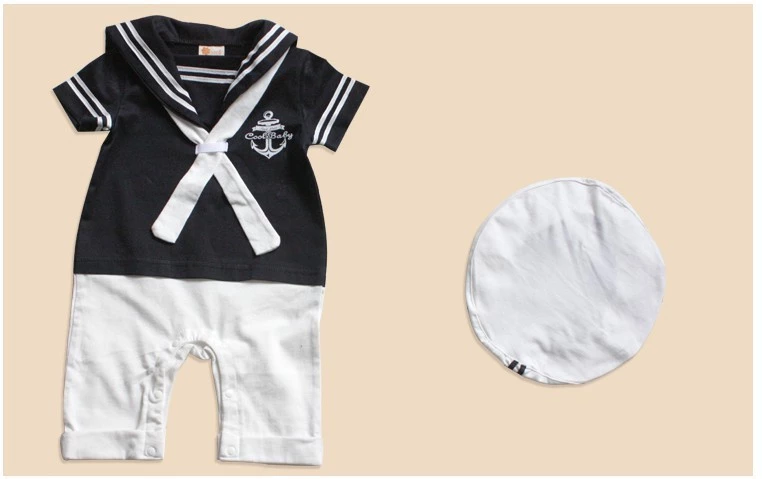 Summer boy pure cotton navy short-sleeved one-piece robe hat baby sailor suit baby children's clothing