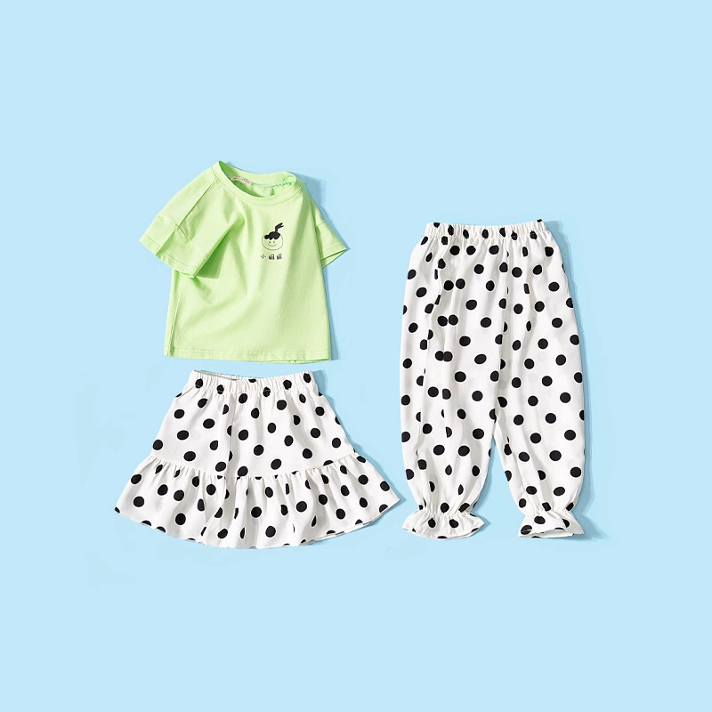 Summer new wave point children's suit children's clothing bright color cartoon three-piece girl suit