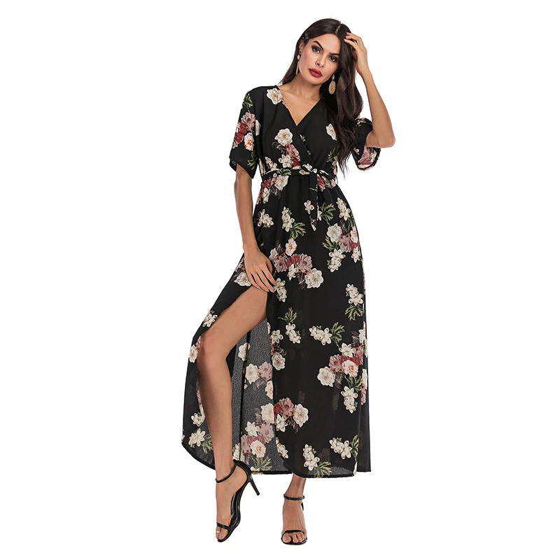 Women's long short-sleeved floral dress women's summer vacation beach skirt