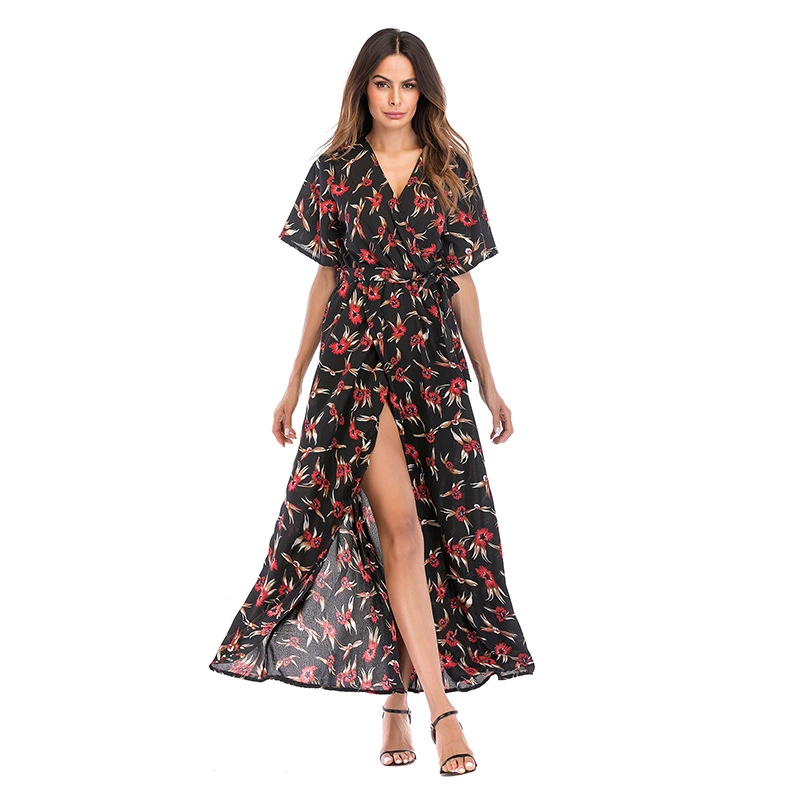 Women's long short-sleeved floral dress women's summer vacation beach skirt