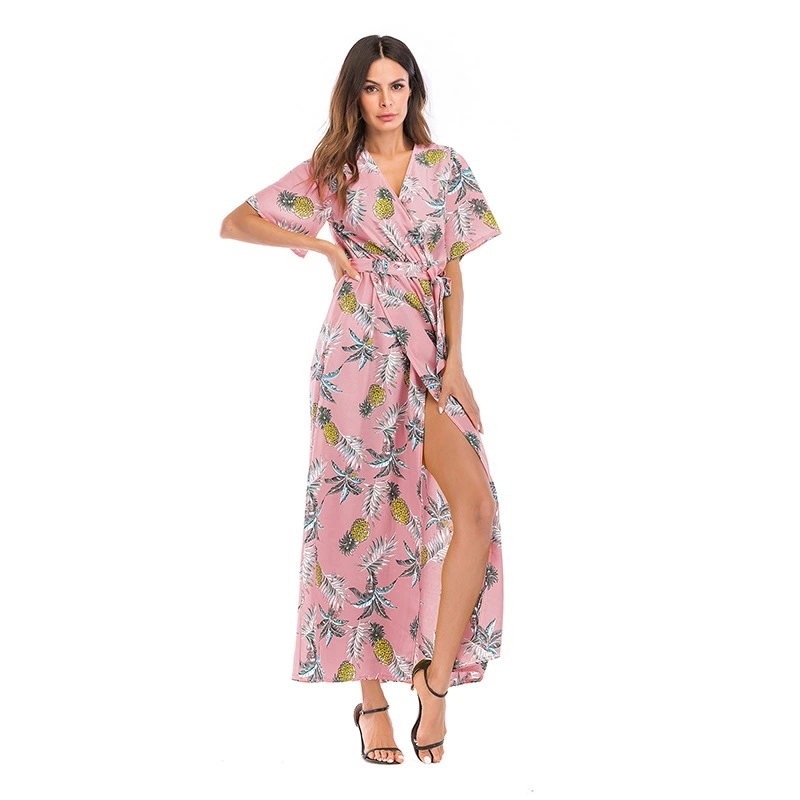 Women's long short-sleeved floral dress women's summer vacation beach skirt
