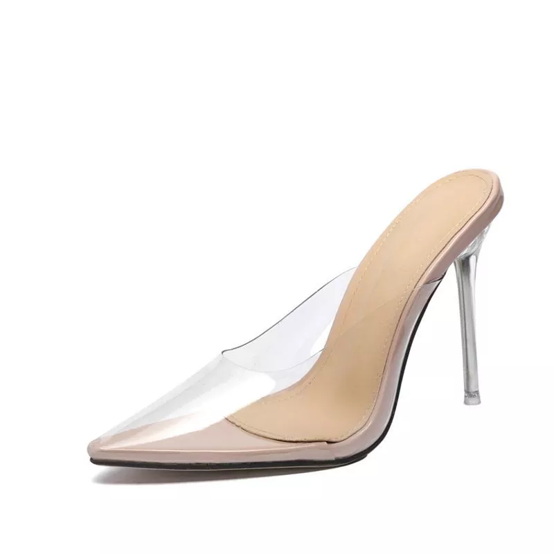 Fashion pointed transparent high-heeled semi-drags outside wears sets of feet OL large size fashion women's shoes 35-42