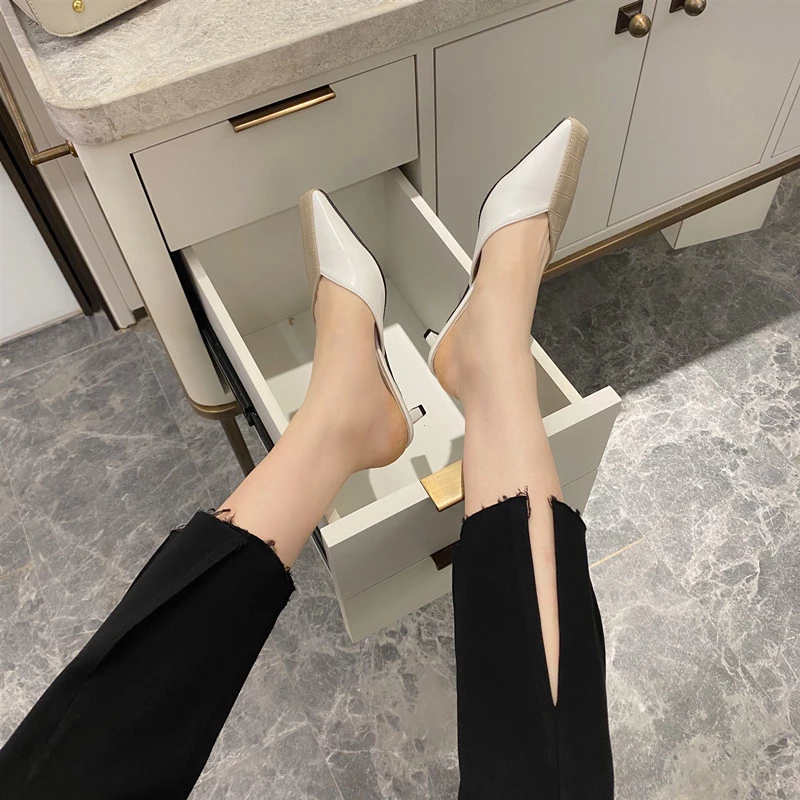 Fashion small square head color matching thick with shallow mouth half dragging lazy set feet OL dress women's shoes