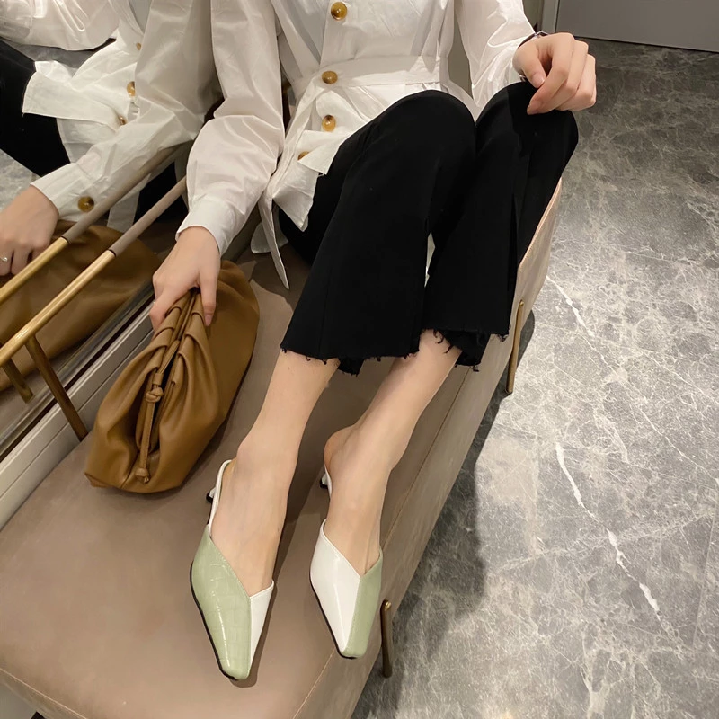 Fashion small square head color matching thick with shallow mouth half dragging lazy set feet OL dress women's shoes