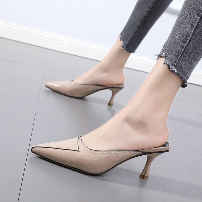 Spring and summer new pointed pointed high-heeled slippers commute wear OL shallow mouth half slippers