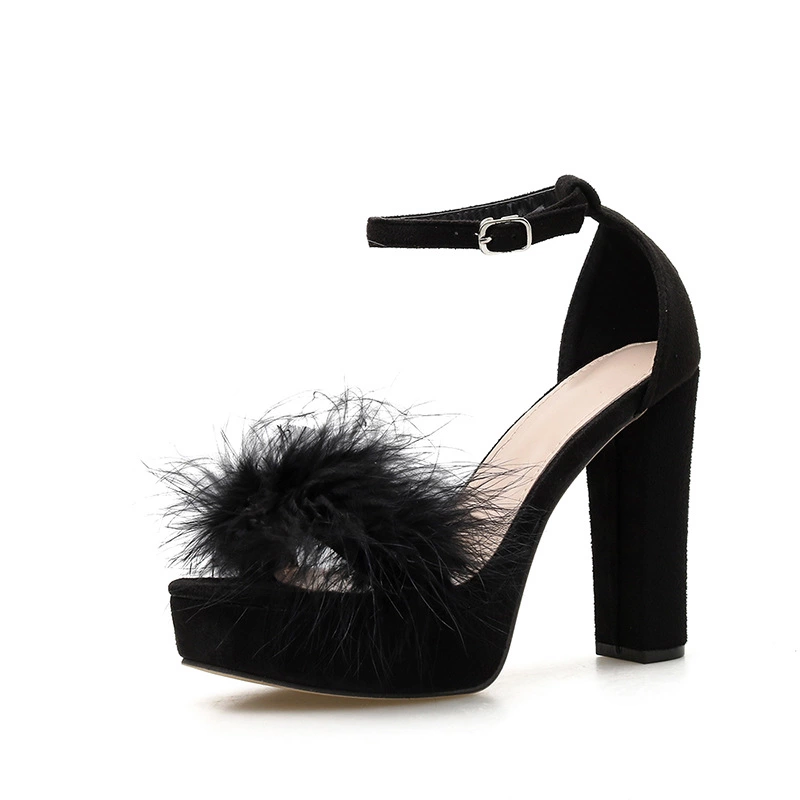 35-42 large size thick heel high heel waterproof platform word with fur decoration sandals 777-6