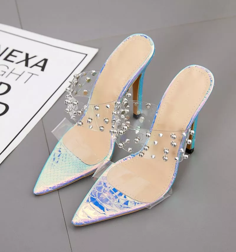 Women's fine high-heeled sandals and slippers spring and summer new pointed rivets transparent heel shoes large size 42