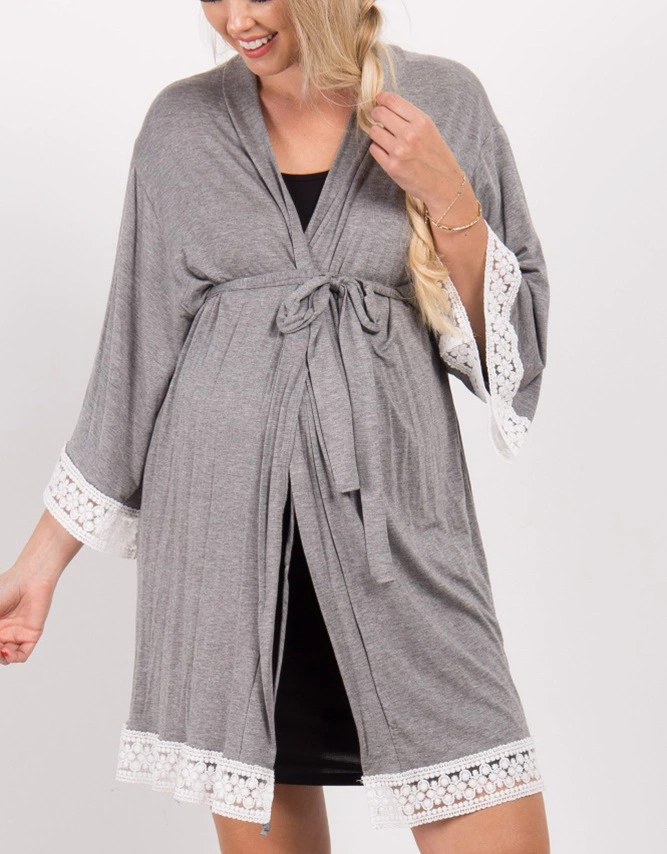 Hot selling solid color maternity dress lace lace stitching seven-point sleeve lace cardigan breastfeeding robe pajamas
