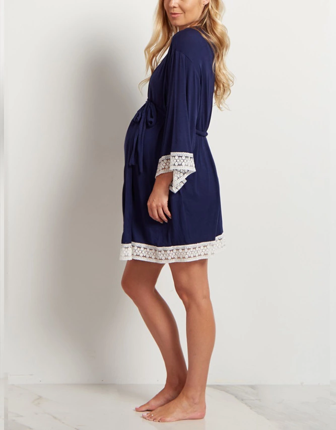 Hot selling solid color maternity dress lace lace stitching seven-point sleeve lace cardigan breastfeeding robe pajamas