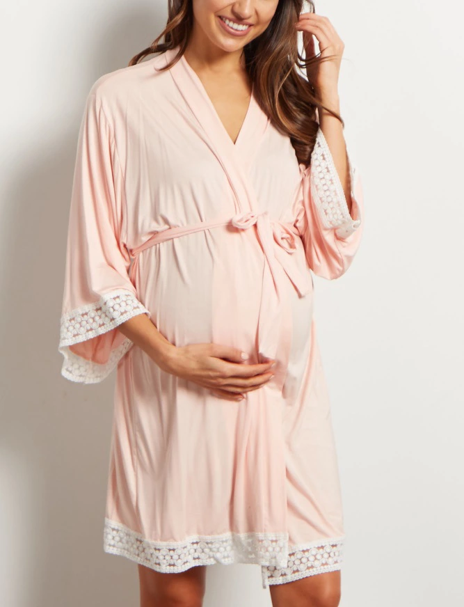 Hot selling solid color maternity dress lace lace stitching seven-point sleeve lace cardigan breastfeeding robe pajamas