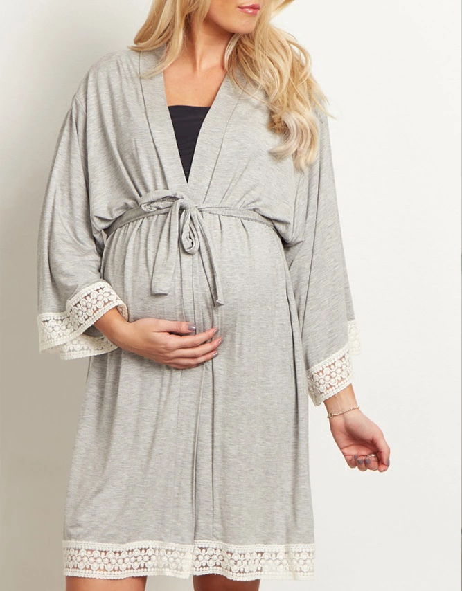 Hot selling solid color maternity dress lace lace stitching seven-point sleeve lace cardigan breastfeeding robe pajamas