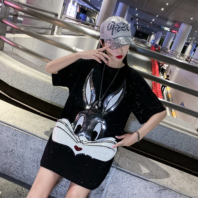 Cartoon sequins short-sleeved t-shirt women's tide spring new loose jacket foreign style bottoming shirt