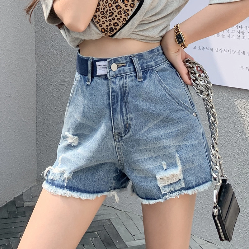 High waist denim shorts female summer new loose loose thin hole a word large size wide leg hot pants tide