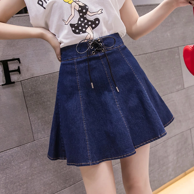 Elastic waist denim short skirt female skirt large size high waist pleated skirt anti-glare A word pettiskirt female summer student