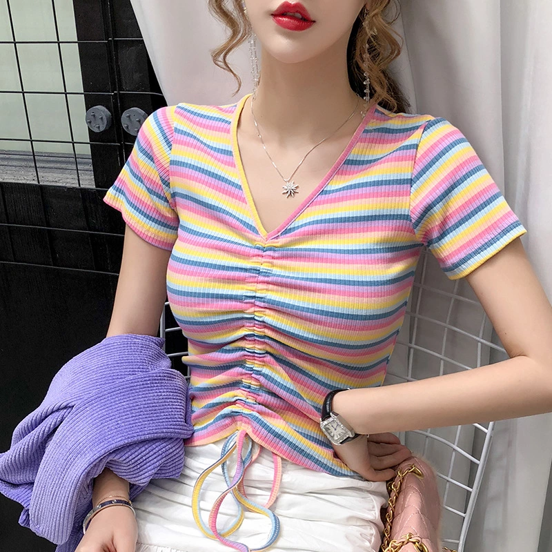 High waist rainbow striped t-shirt female summer tight drawstring slim v-neck exposed navel short-sleeved color short top